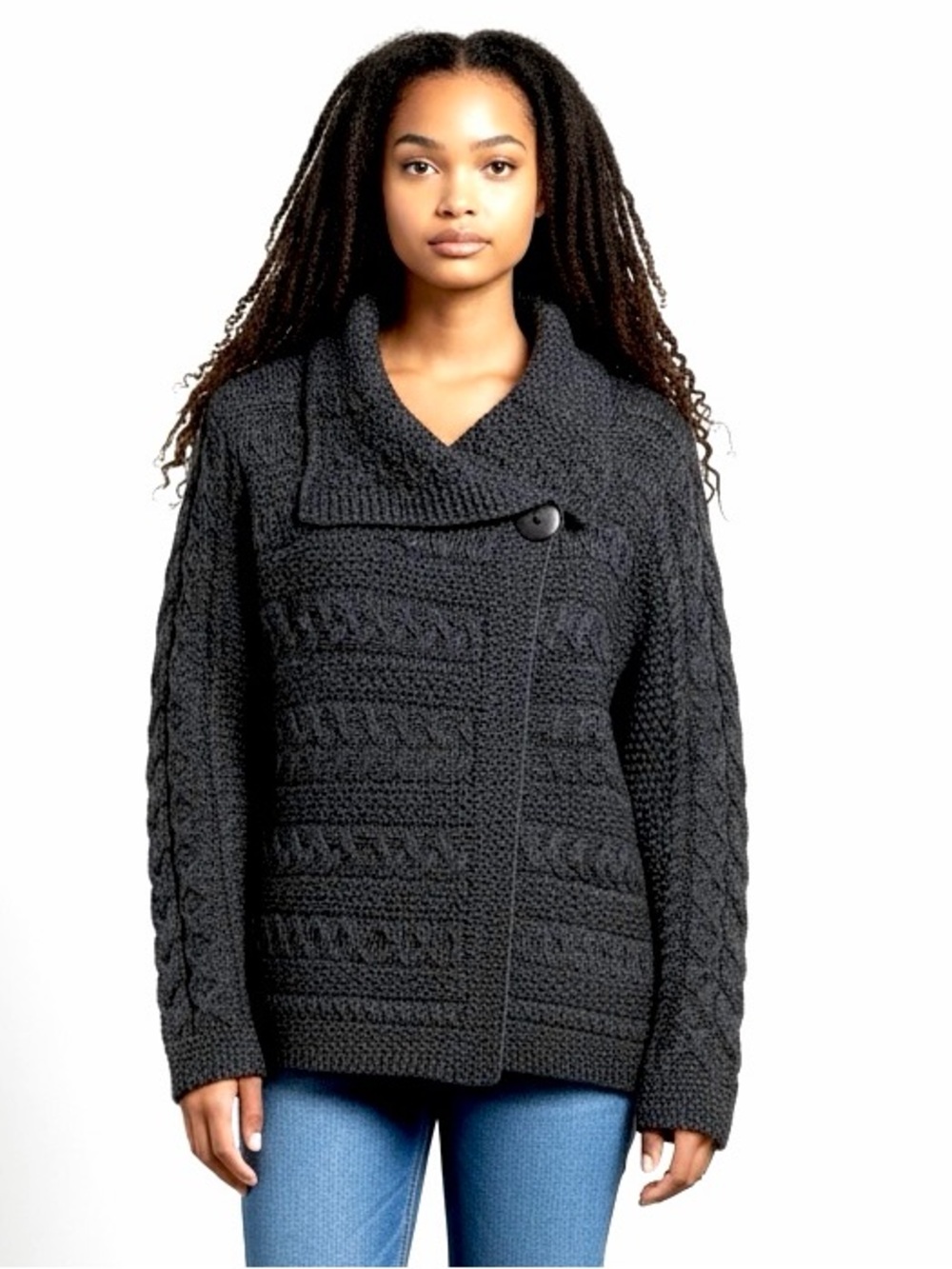 Inis Crafts Black Aran Wool Cardigan Single Button Front Collared Ireland L